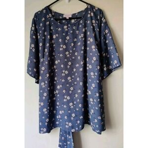 MOLLY & ISADORA Women's Dressy Tie Top Blue/White Floral‎ Short Sleeve Size 2X